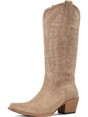 Women's Camel Embroidered Cowboy Boots Western Knee High Boots Chunky Heel